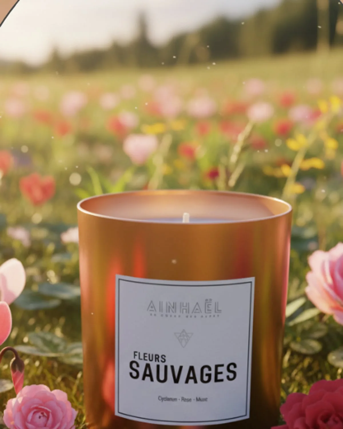 Une roseraie au lever du soleil, à la lisière du sous-bois.